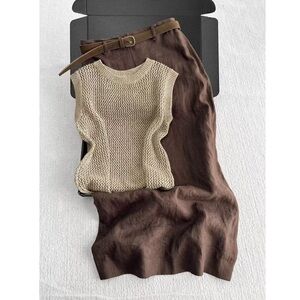 Cream Knit Top and Brown Skirt Set